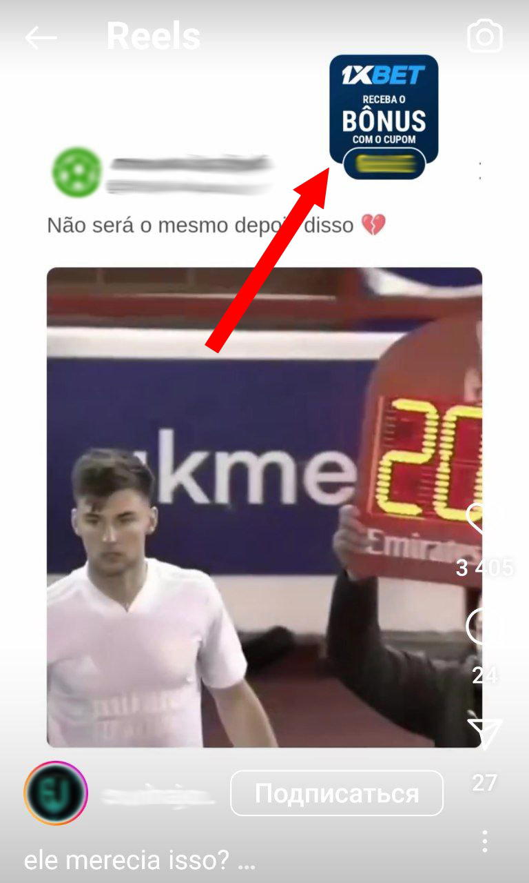 Reklama 1xbet na Instagramie